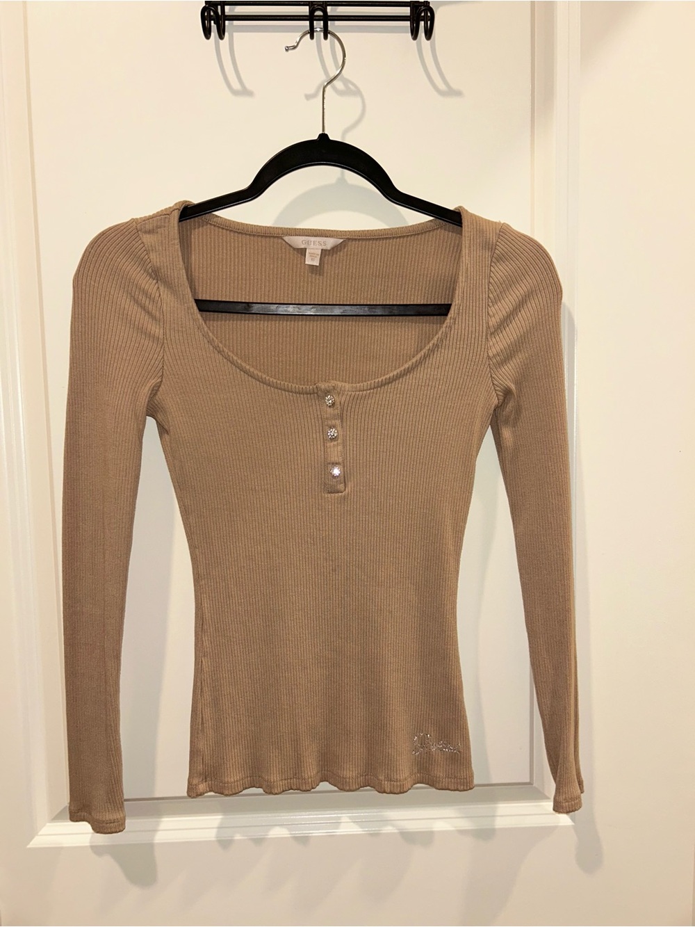Guess Tan Ribbed Scoop Neck Henley Long Sleeve Top